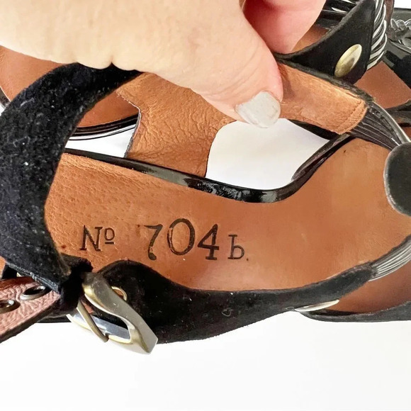 No. 704b Digna Black Suede‎ Caged Heels Wedge Size 37.5 Anthropologie Gold Luxe - Picture 9 of 10